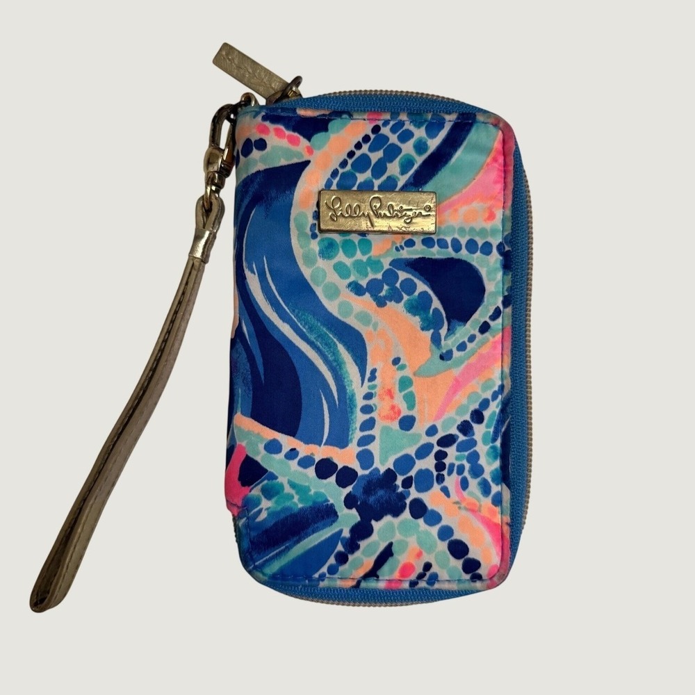 Lilly Pulitzer Tech Wristlet Blue Pink Starfish Print Zip Wallet Preppy Coastal